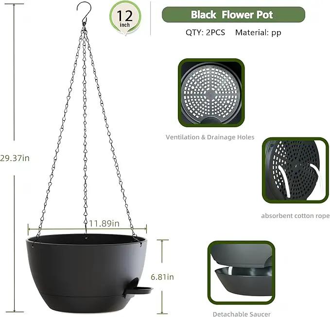 12 Inch Hanging Baskets 2 PC with Chains, Self-Watering Hanging Planters for Indoor Outdoor Plants, Plastic Hanging Flower Pots,Black by GreenHaven Gardens