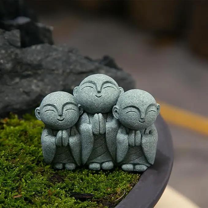 OwMell 3 Japanese Jizo Statue Stone Japanese Buddha Jizo Monk Statue Figurine Memorial Statue Aquarium Decoration Garden Outdoor Ornament 3" - Smiling by GreenHaven Gardens