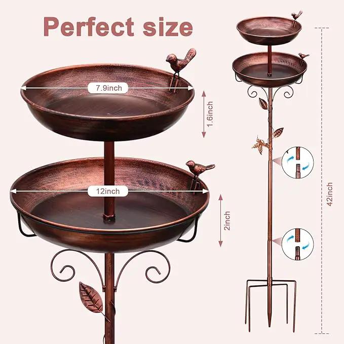 Metal Bird Bath for Outside, 2-in-1 Birdfeeder and Bath, 42 Inch Tall Stand with Hummingbird, Large 12Inch & Small 7.9Inch Bird Bath Bowl, 3 Bird Decor for Garden, Antique Bronze by GreenHaven Gardens