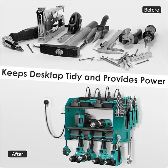 CCCEI Set Power Tool Organizer Wall Mount with Charging Station. Garage 4 Drill Storage Shelf with Hooks, Heavy Duty Metal Tool Battery Charger Organizer. Shop Utility Rack with Power Strip Navy Blue. by GreenHaven Gardens
