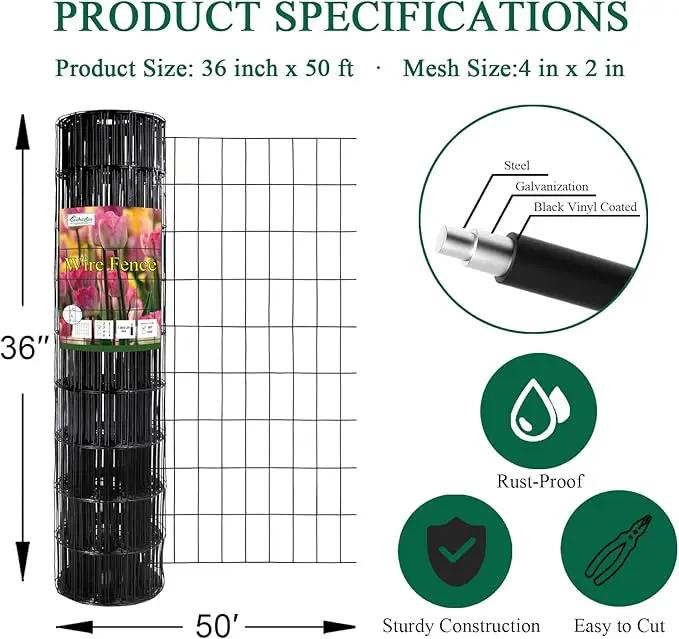 Black PVC Coated Welded Wire Fence 36 Inch x 50 Foot, 2 Inch x 4 Inch 15GA, Garden Border Fencing Roll Vinyl Coating Metal Wire Mesh Hardware Cloth for Yard Vegetable Plant Protection by GreenHaven Gardens