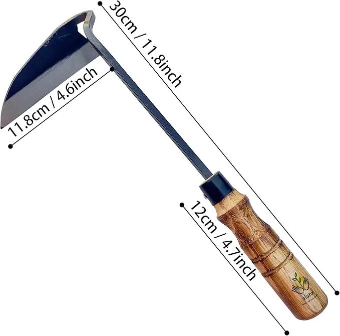 12 Inch Japanese Gardening Hand Weeding Sickle, Weeding Hoe with Long Wooden Handle by GreenHaven Gardens