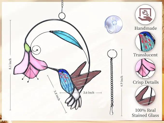 Lolitarcrafts Stained Glass Hummingbird Window Hangings with Flowers, Bird Stained Glass Suncatcher for Window Decor Hummingbird Gifts for Mom,Bird Lovers (Blue with Flower B) by GreenHaven Gardens