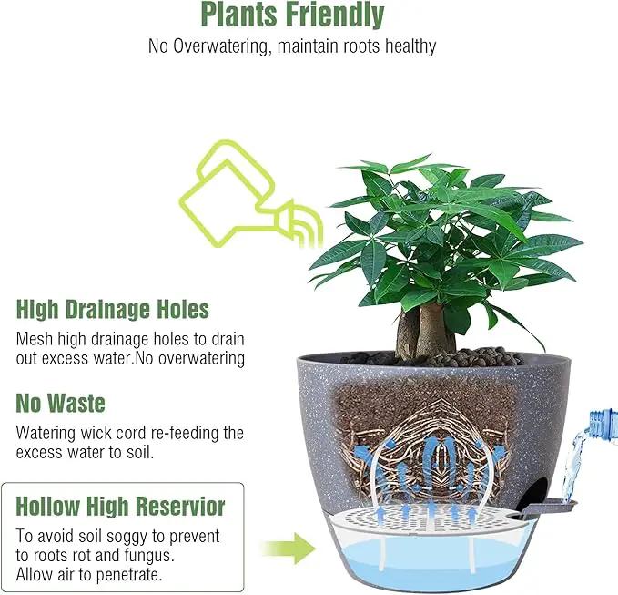 12 inch Large Self Watering Pots, Plastic Planters with 60oZ Removable Deep Reservoir and Multi Mesh Drainage Holes for Indoor Outdoor Garden Plants and Flowers, Grey Speckles by GreenHaven Gardens