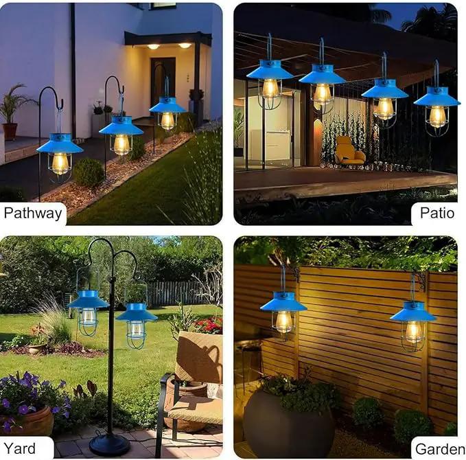 2 Pack Hanging Solar Lantern Lights with Shepherd Hook, Metal Waterproof Warm White Edison Bulb Lights for Garden Outdoor Pathway (Bule) by GreenHaven Gardens