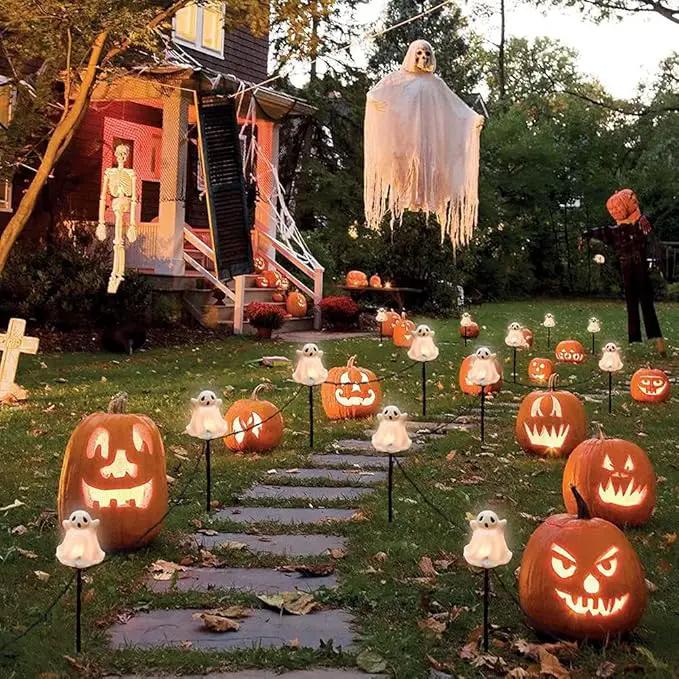 Goothy Halloween Ghosts Pathway Marker Lights, 4 White Ghosts with 4 Stakes, 7Ft Extendable Pathway String Lights, Waterproof for Halloween Lawn Walkway Driveway Markers by GreenHaven Gardens