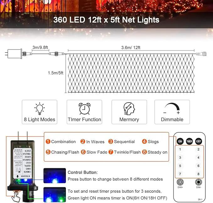 JMEXSUSS 360 LED 12ft x 5ft Halloween Net Lights - Connectable Orange Outdoor Mesh Lights With Remote, 8 Modes Plug-in for Bushes Shrubs Decorations by GreenHaven Gardens