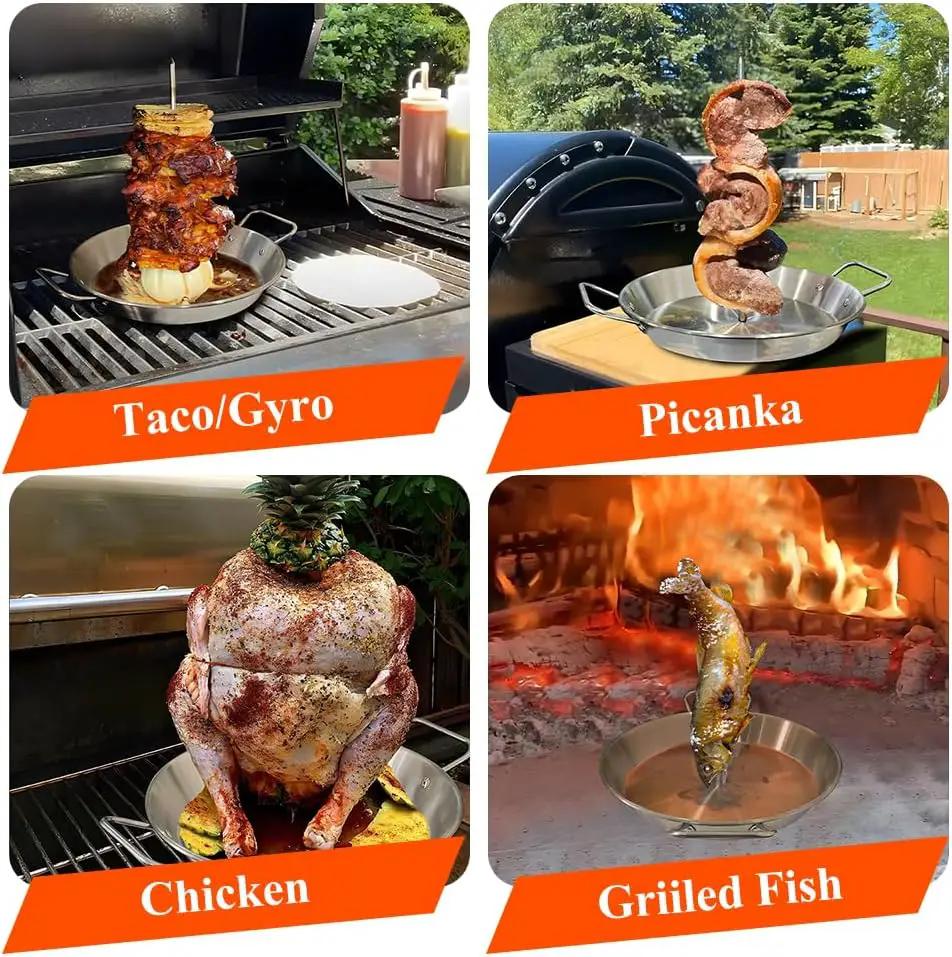 BBQ Vertical Skewer Pan Stainless Steel Gyro Spit Shawarma Stand for oven, Al Pastor Skewer for Grill, El Pastor Hack for Tacos Al Pastor Chicken, Brazilian, with 8",10" stick by GreenHaven Gardens