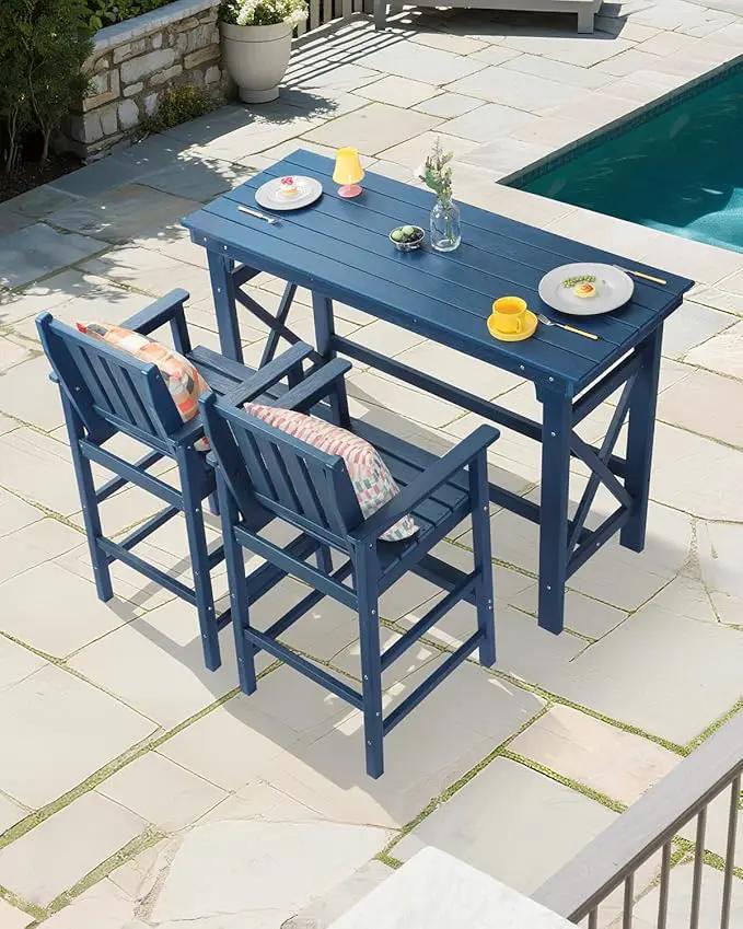 3 Pieces HDPE Outdoor Patio Bar Set, Rectangular Outdoor Bar Height Table and Chairs Set, Adirondack Patio Bar Stools Set, Outdoor Bar Table and Chairs Set for Balcony, Poolside, Porch, Navy by GreenHaven Gardens
