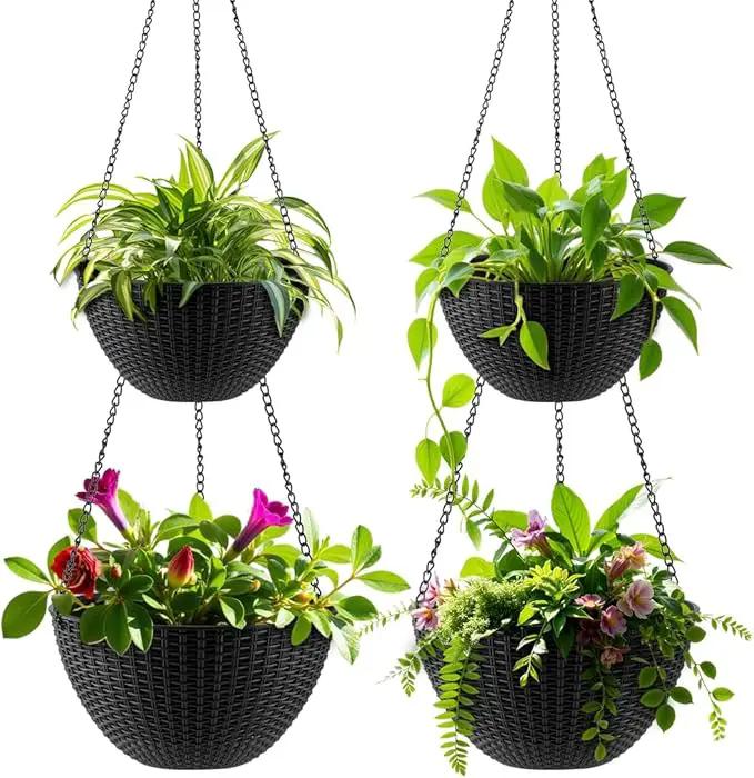 Hanging Planters for Indoor Outdoor Plants 8/10 Inch, 4 Packs Plant Hanger with Drainage Holes, Hanging Basket Flower Pot Perfect for Home, Office and Garden, Black by GreenHaven Gardens