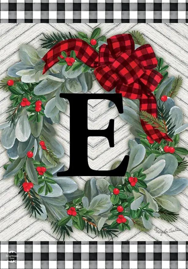 Winter Wreath Monogram Letter E Garden Flag 18" x 12.5" Briarwood Lane by GreenHaven Gardens