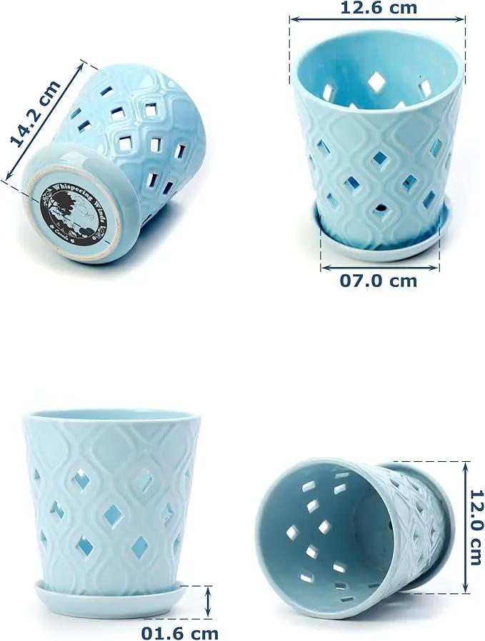 Whispering Winds Ceramic 5 x 6 Inch Orchid Pot with Holes & Saucer for Aeration and Drainage - Decorative Orchid Pots for Repotting, Prevent Over Watering & Root Rot (Charlotte Blue) by GreenHaven Gardens