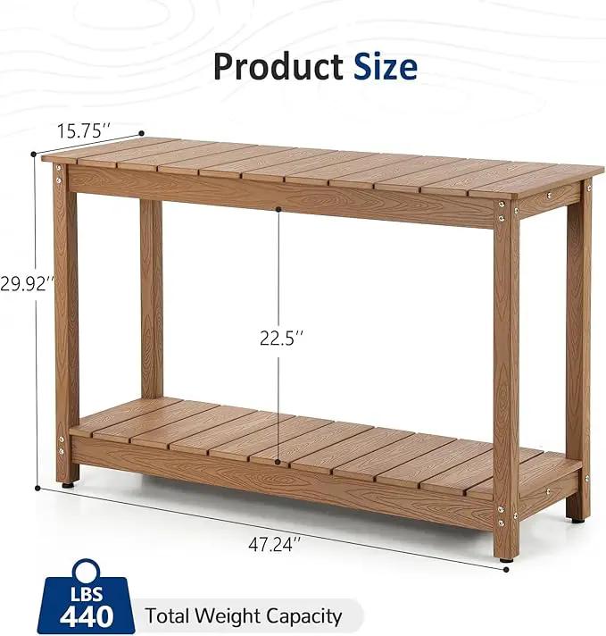 Outdoor Console Table, 48" Weather Resistant HIPS Patio Side Table, 440LBS Weight Capacity, 2-Tier Multifunctional Buffet Bar Storage Organizer for Garden Deck, Teak by GreenHaven Gardens