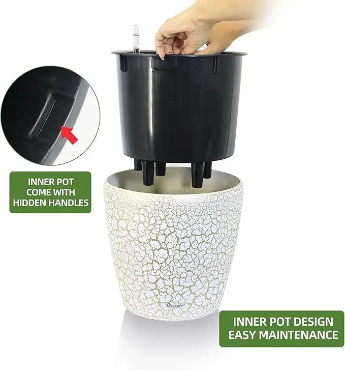 Dexceder 11x10 Inches Self Watering Planter Indoor Outdoor, Inner Pot Design, Thickened Table Flower Plant Pot with Water Level Indicator (White Gold Crackle) by GreenHaven Gardens