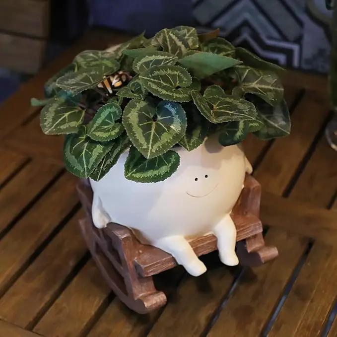 Smily Face Planter Pot Cute Resin Flower Head Planters for Indoor Outdoor Plants Unique Sitting Rocking Chairs Succulent Pots for String of Pearls Plant Live Gift Ideals with Drainage Hole by GreenHaven Gardens