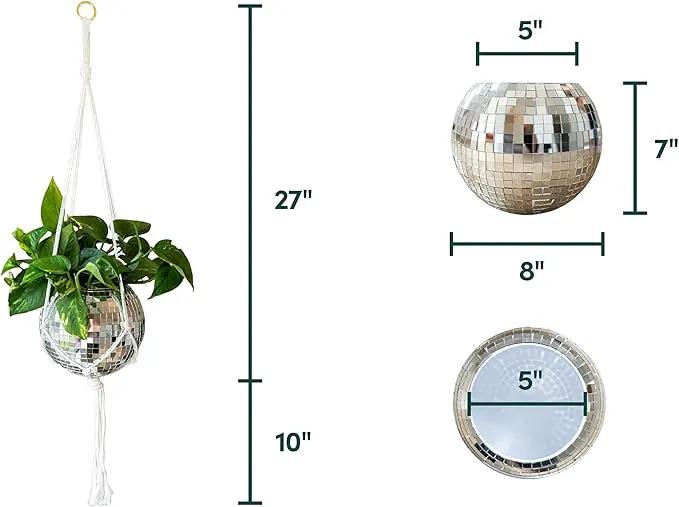 Hanging Disco Ball Planter 8" - with Acrylic Stand and Macrame Plant Hanger - Home Décor, Room Décor, Patio or Boho Décor, Mirror Disco Planter, Disco Decor (8" No Base) by GreenHaven Gardens