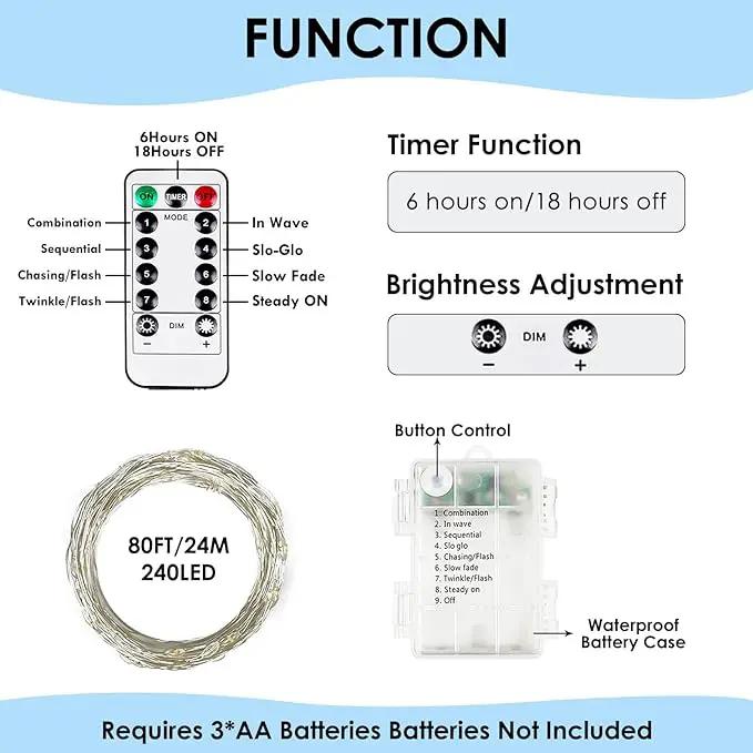 4Pack 80Ft 240LED Fairy Lights Battery Operated with Remote, Waterproof String Lights with Timer for Indoor & Outdoor, Twinkle Lights Battery Powered for Bedroom Christmas Decorations (Cool White) by GreenHaven Gardens