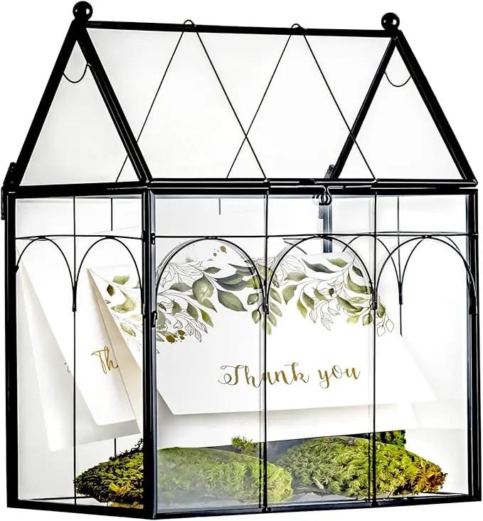 NCYP Glass Terrarium with Lid for Cacti, Succulents, Small Plants - 7.5 x 4.9 x 9 inches Closed Geometric Planter Box - Home Indoor Tabletop House Shape Decorative, Black (Terrarium Only)