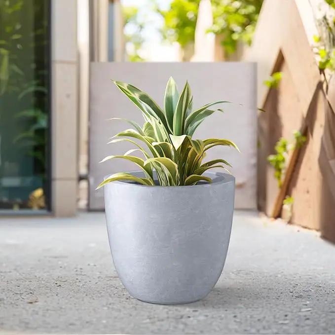 Kante 14 Inch Dia Round Concrete Planter, Indoor Outdoor Large Plant Pot with Drainage Hole and Rubber Plug for Home Patio Garden, Gray by GreenHaven Gardens