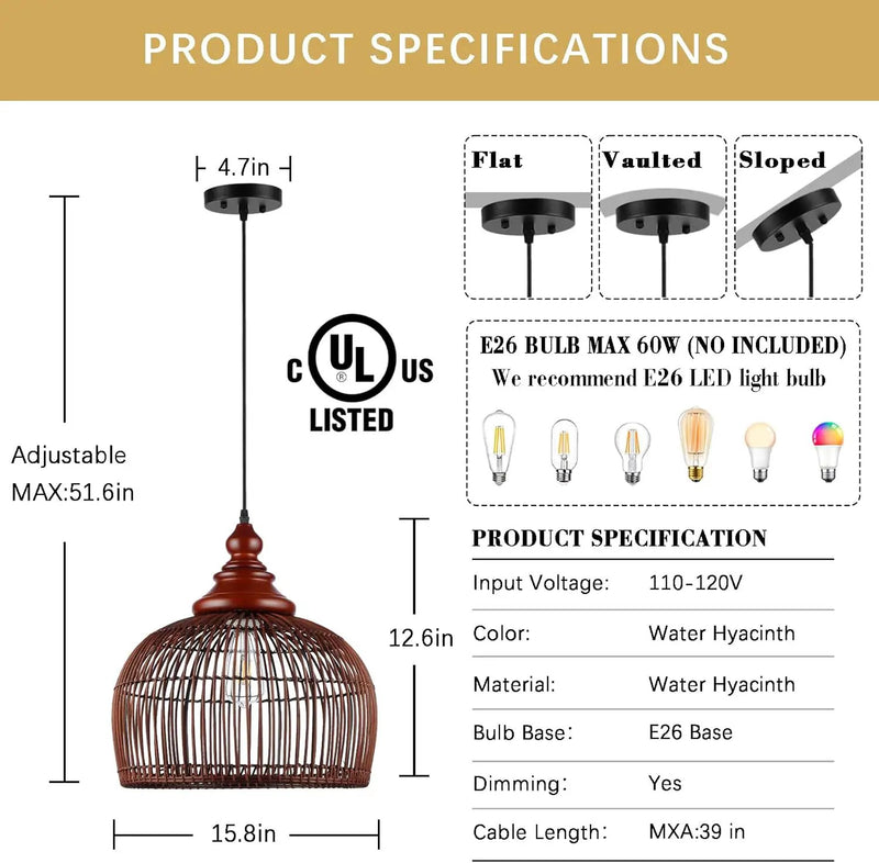 Rattan Pendant Light Kitchen Island, 15.8" Boho Dining Room Light Fixture Hand-Woven Wicker Chandelier Farmhouse Weaving Lighting Coastal Ceiling Hanging Lights for Living Room Restaurant by GreenHaven Gardens