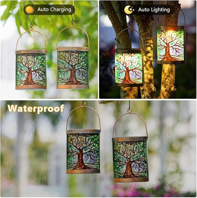 Starsoul 2 Pack Hanging Solar Lantern Outdoor Waterproof Glass Tree of Life Decorative Solar Lights for Outside Garden Yard Table Patio Decor by GreenHaven Gardens