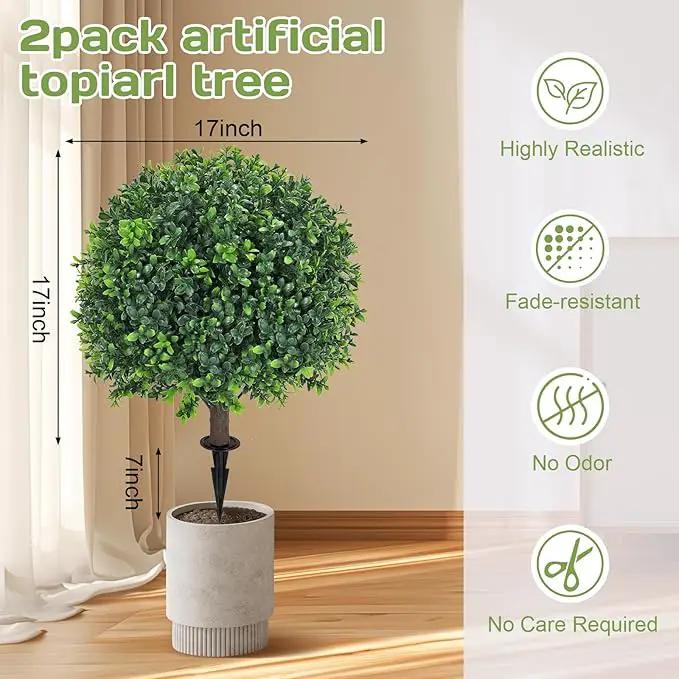 Artificial Boxwood Topiary Ball Tree 24" with Ground Spike, Set of 2 Artificial Boxwood Bushes for Faux Shrubs, Fake Evergreen Faux Plant for Indoor Outdoor Porch Garden- UV Resistant – Fade-Proof by GreenHaven Gardens