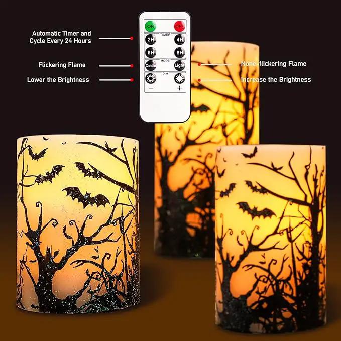 Halloween Decor Flameless Candles Set of 3 Black Spooky Bats Decal Flickering Candles Battery Operated with Remote Real Wax LED Pillar Candles for Halloween Party Horrible Theme Decor by GreenHaven Gardens