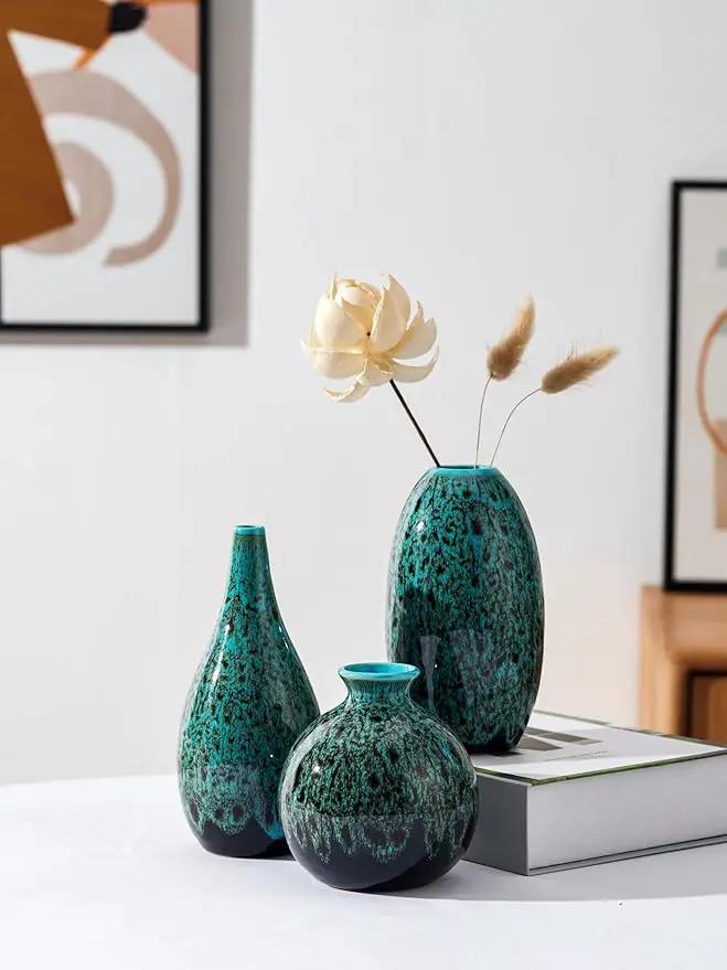 Ceramic Bud Vase Set, Fambe Blue Glazed Finish, Decorative Flower Vases (Blue-Set of 3) by GreenHaven Gardens