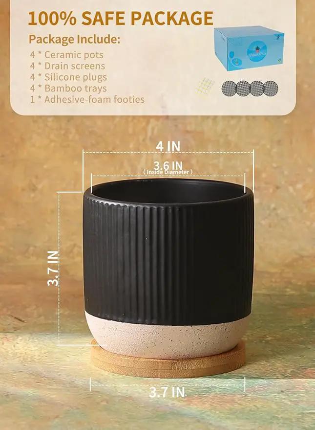 AOMRYOM 4 Inch Small Ceramic Plant Pots with Drainage Hole and Saucer, Modern Flower Planter for Succulent, Indoor Plants, Cactus, Herbs, Black, Set of 4 (Plant Not Included) by GreenHaven Gardens