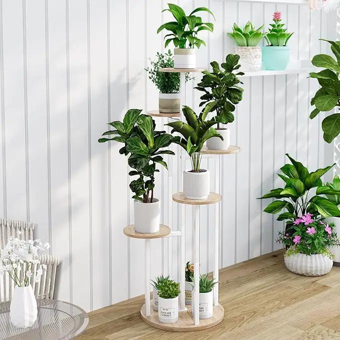 Plant Stand Indoor 6 Tier 9 Potted Multiple Flower Pot Holder for Patio Garden Balcony Living Room Corner (6 Tier White+Sonoma Oak) by GreenHaven Gardens