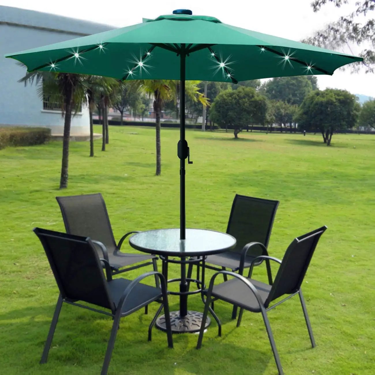 Sunnyglade 9' Solar LED Lighted Patio Umbrella with 8 Ribs/Tilt Adjustment and Crank Lift System (Dark Green) by GreenHaven Gardens