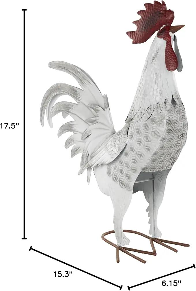 Deco 79 Metal Rooster Decorative Garden Sculpture Garden Statue with Black Texturing and Red Accents, Outdoor Sculpture 15" x 6" x 18", White by GreenHaven Gardens