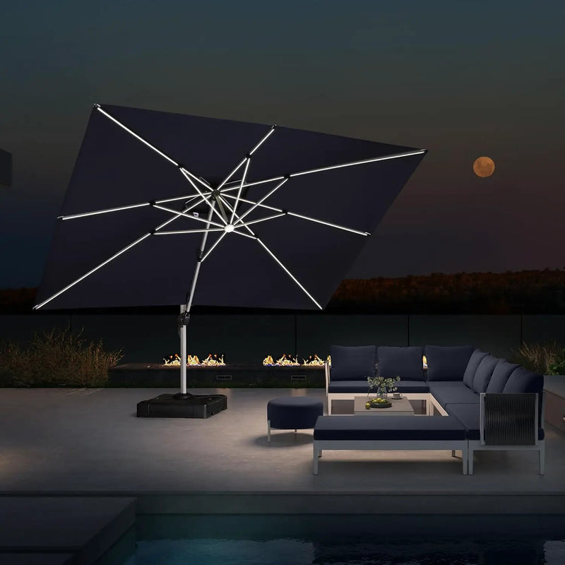 PURPLE LEAF 10' X 13' Double Top Deluxe Solar Powered LED Rectangle Patio Umbrella Offset Hanging Umbrella Outdoor Cantilever Umbrella, Navy Blue by GreenHaven Gardens