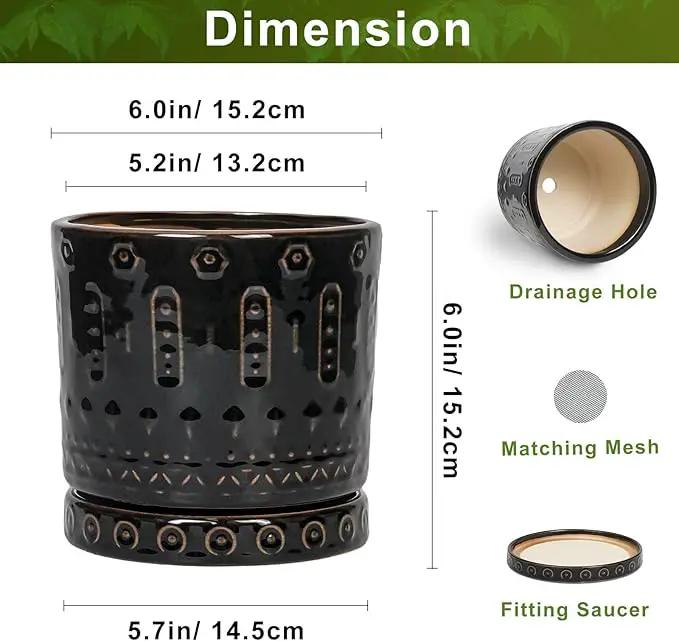 Ceramic Plant Pots - 6 Inch Ceramic Planter for Indoor Outdoor, Round Flower Pots with Drainage Hole and Plant Saucer, Boho Decorative Small Planter, House Decor, Gifts for Gardeners, Black by GreenHaven Gardens