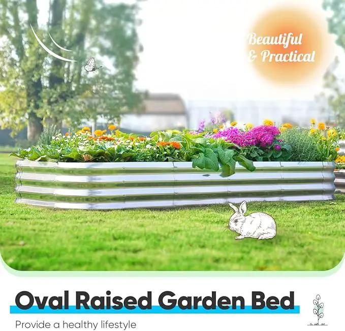 Quictent Galvanized Raised Garden Bed Kit, 6x3x1ft Oval Large Metal Outdoor Planting Box, Ground Planter Strengthened by Crossbar, Silver