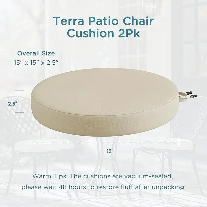 Codi Round Outdoor Chair Cushions 15 Inch, Patio Bistro Cushion Set of 2, Waterproof with Adjustable Straps, Beige 15x15'' by GreenHaven Gardens