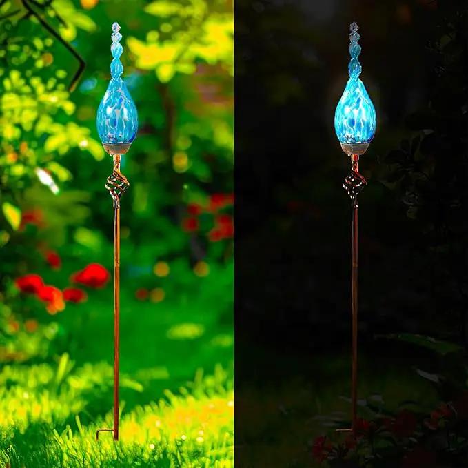 Garden Solar Light, Decorative LED Flame Garden Stakes, Hand Blown Glass and Metal Outdoor Decoration, 3 x 36 Inches (Light Blue) by GreenHaven Gardens