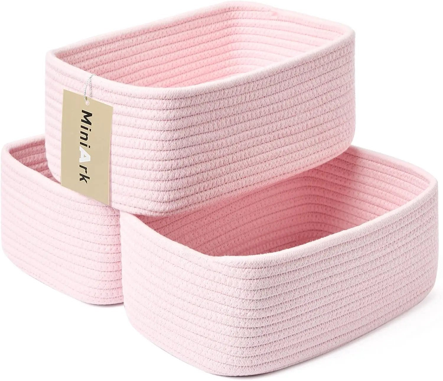 Small Storage Baskets for Organizing | Closet Organizer Bins | Shelf Toy Basket | Woven Rope Baskets | Cube Decorative Box | Shallow Basket | 11.5x7.5x4.7” | 3 Packs Light Pink by GreenHaven Gardens