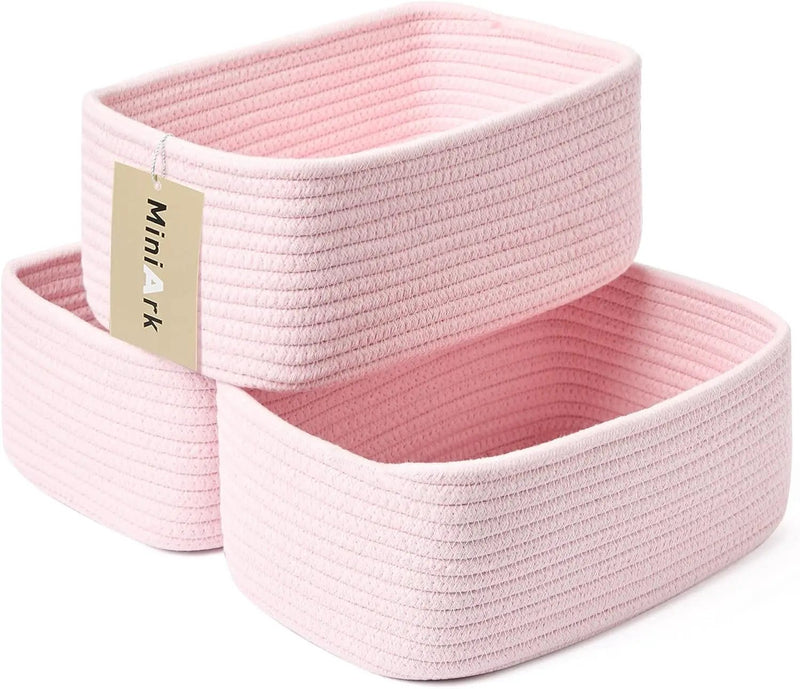 Small Storage Baskets for Organizing | Closet Organizer Bins | Shelf Toy Basket | Woven Rope Baskets | Cube Decorative Box | Shallow Basket | 11.5x7.5x4.7” | 3 Packs Light Pink by GreenHaven Gardens