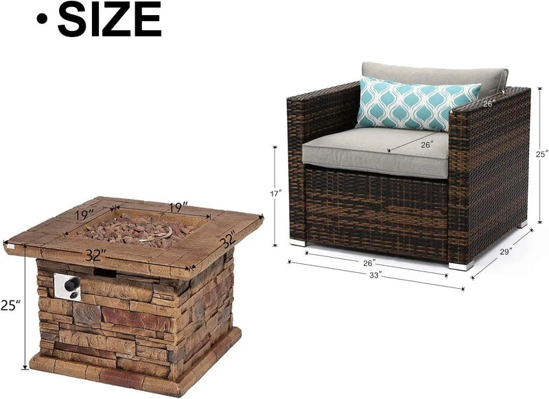 COSIEST 5-Piece Faux Brown Propane Fire Pit Outdoor Furniture Brown Chairs, Warm Gray Wicker Thick Cushion Sofa w 32-inch Square Propane Fire Table (50,000 BTU) for Garden, Pool, Backyard by GreenHaven Gardens