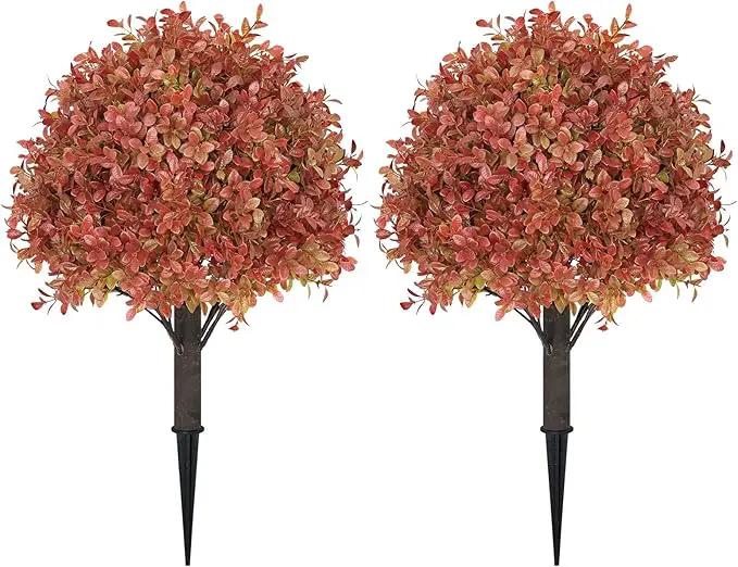 24" Tall Artificial Boxwood Ball Fall Topiary Trees Set of 2, UV Resistant Large Faux Plants Outdoor, 2ft Fake Bushes and Shrubs Look Real with Stake for Front Porch Outside Planter Backyard Decor by GreenHaven Gardens