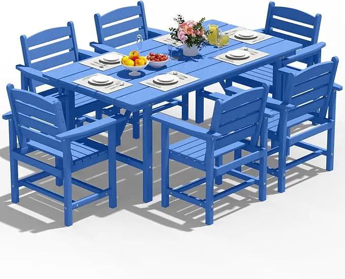 Patio Dining Set for 6 with Umbrella Hole - 66" Outdoor Table & 6 Chairs, All-Weather HDPE Outdoor Furniture for Lawn, Garden, Backyard, Poolside, Navy by GreenHaven Gardens