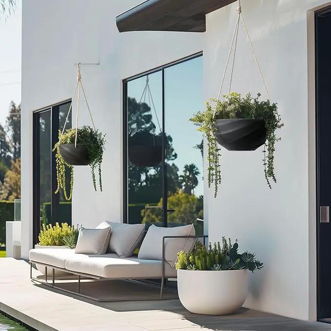 La Jolie Maison 10 Inch Hanging Planters for Indoor Plants, Outdoor Garden Planter Pots with Self-Watering Tray, Jet Black, Spiral Pattern, Set of 2 by GreenHaven Gardens