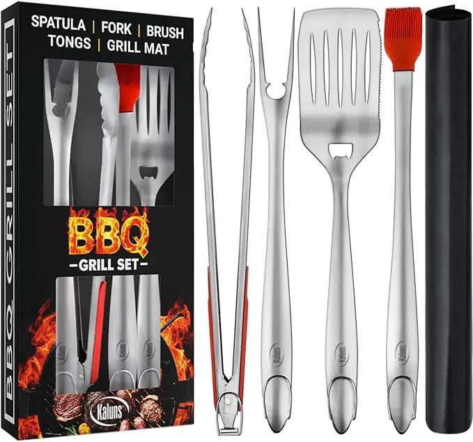 Kaluns BBQ Grilling Accessories, Grilling Gifts for Men Dad, Grill Tools for Outdoor Grill, Heavy Duty Stainless Steel Grill Set with Spatula, Tongs, Fork, Brush, & Grilling Mat, Best BBQ Gifts by GreenHaven Gardens