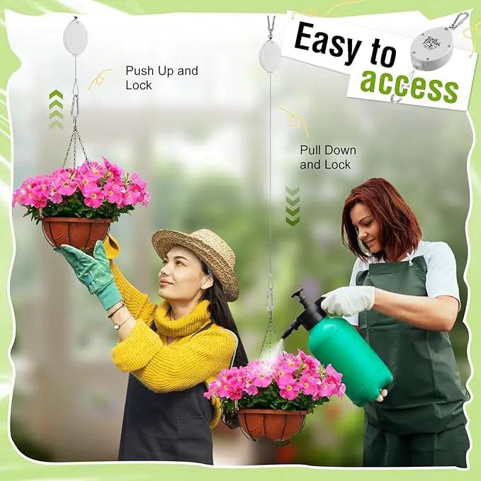 Plant Pulleys for Hanging Plants, Heavy Duty Retractable Hangers, 304 Stainless Steel Rope, Auto Plant Holder, Adjustable Climbing Hook for Garden Baskets Watering, or Bird Feeders 2PC (White) by GreenHaven Gardens