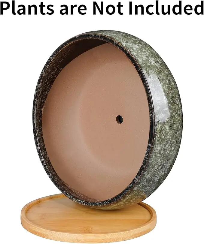 8 Inch Ceramic Bonsai Planter Pot, Glazed Shallow Succulent Planter with Drainage Hole and Bamboo Saucer for Indoor Plants, Green by GreenHaven Gardens