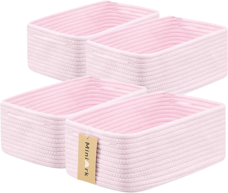 Small Storage Baskets for Organizing | Closet Organizer Bins | Shelf Toy Basket | Woven Rope Baskets | Cube Decorative Box | Shallow Basket | 13x8.5x5.1” | 4 Packs Light Pink by GreenHaven Gardens