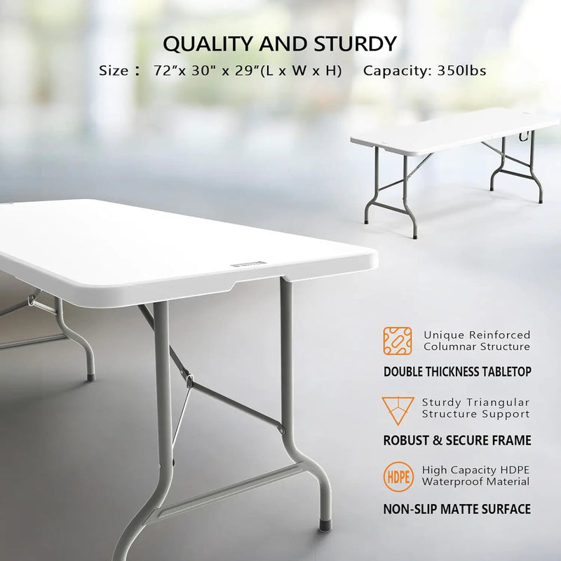 VINGLI 6 Foot Plastic Folding Table Portable Long Table for Indoor Outdoor Use Rectangular with Carrying Handle, Smooth HDPE Tabletop, White by GreenHaven Gardens