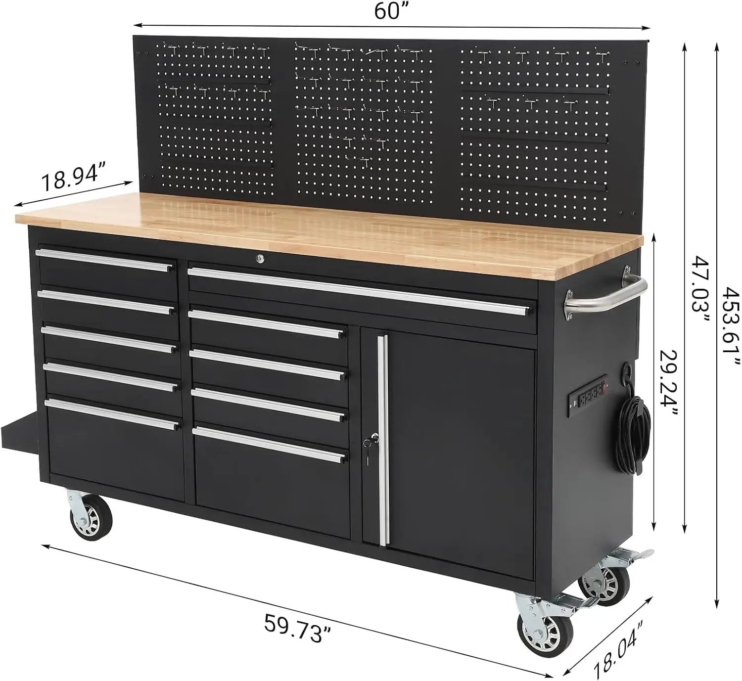Heavy Duty 61" Tool Chest Cabinet, Mobile Garage Workbench with 10 Drawers and Power Strip, Rubber Wood Worktop, 1675 LBS Load, Rolling Tool Storage Organizer for Mechanic, Shop or Home Use by GreenHaven Gardens