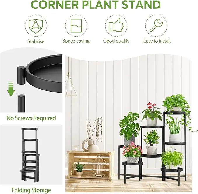iDavosic.ly 7 Tier Large Plant Stand Indoor with 10 Inch Wide Tray, Tiered Corner Metal Outdoor Flower Display Holder Shelf, Folding Tall Rack for Patio Porch Living Room, Modern Black by GreenHaven Gardens